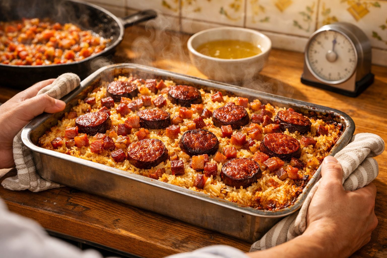 Mão segurando travessa de arroz de forno com enchidos numa mesa de madeira, com temporizador e tigela de molho ao fundo.