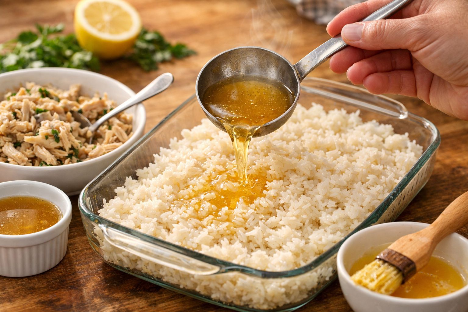 Mão despejando caldo sobre arroz com frango e ervilhas em travessa de cerâmica.