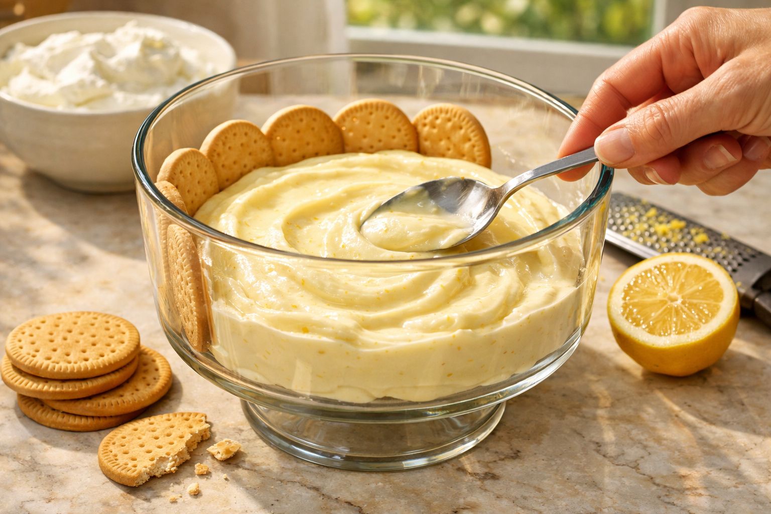 Pessoa decora sobremesa de limão em taça de vidro com raspas de limão. Ingredientes ao redor numa mesa de madeira.