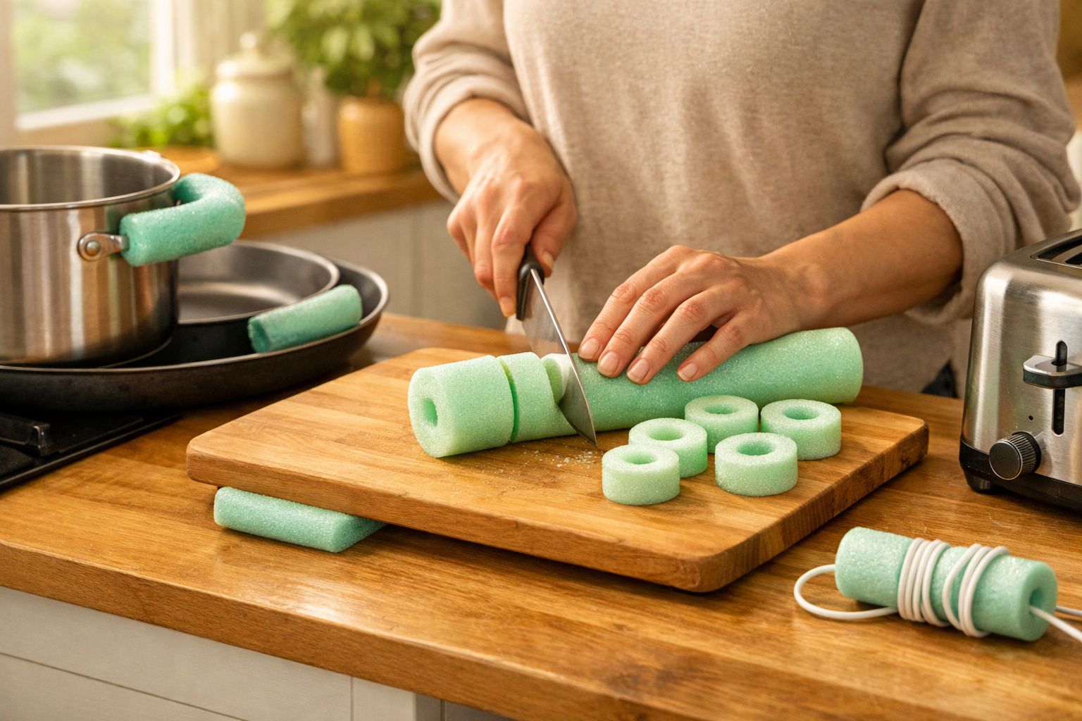 Pessoa corta esponjas verdes em rodela numa tábua de madeira, perto de fogão com panela e torradeira.