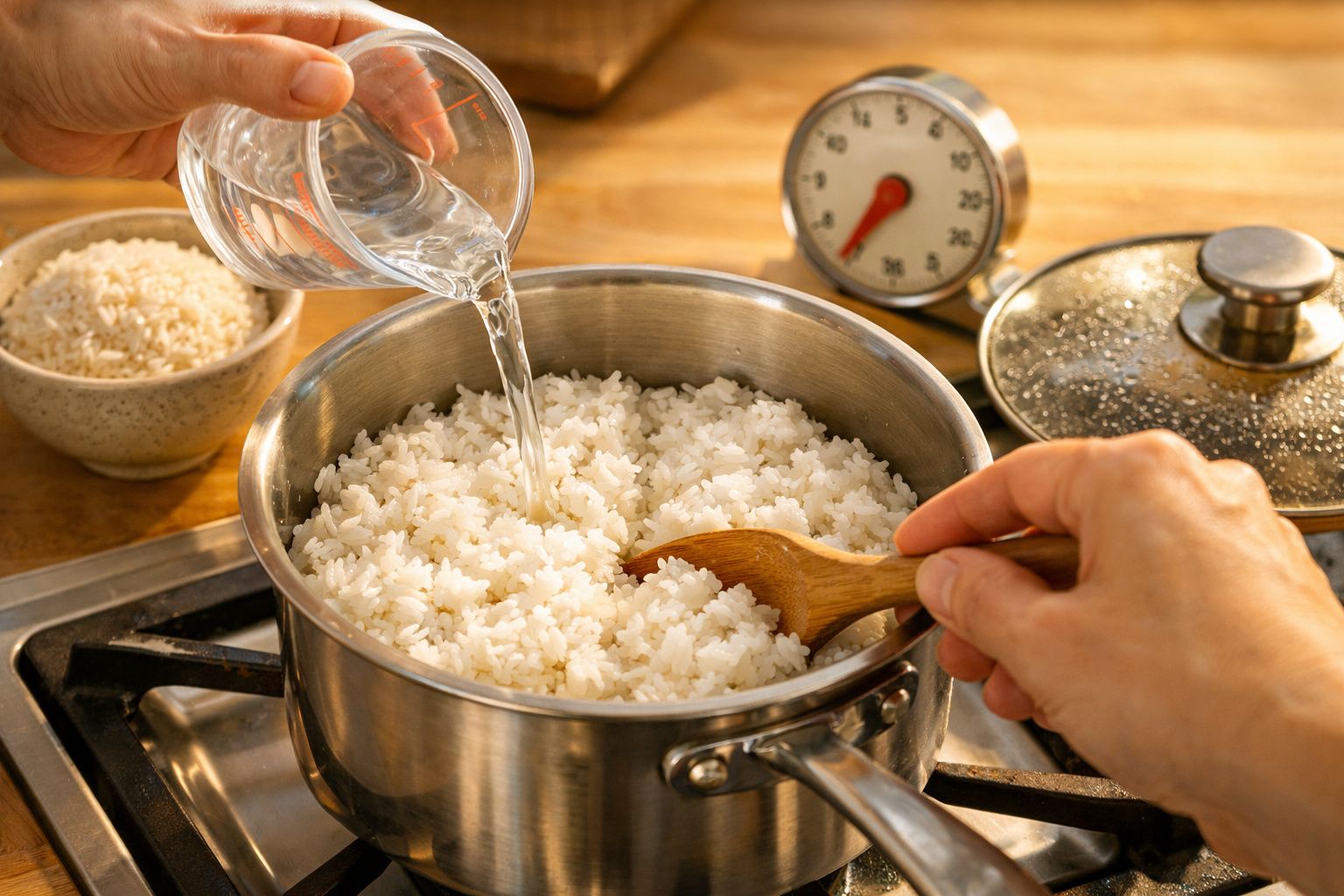Pessoa a adicionar água a arroz num tacho no fogão, com colher de madeira e temporizador ao fundo.