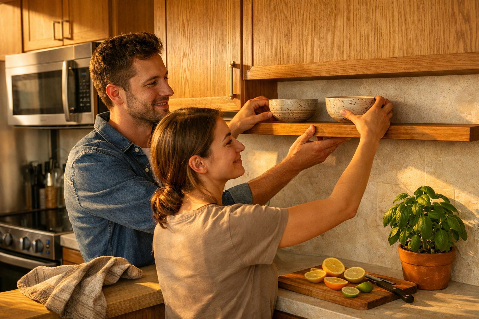 Casal organiza pratos numa cozinha iluminada, com tigelas na prateleira e limões sobre a bancada ao lado de manjericão.