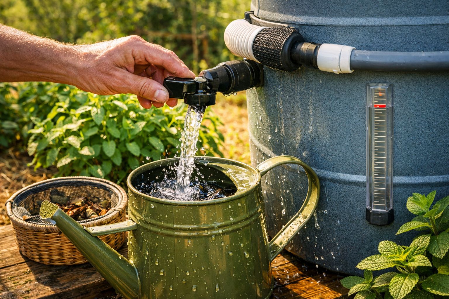 Mão enche regador de metal verde com água de reservatório num jardim, rodeado por plantas e cesto.