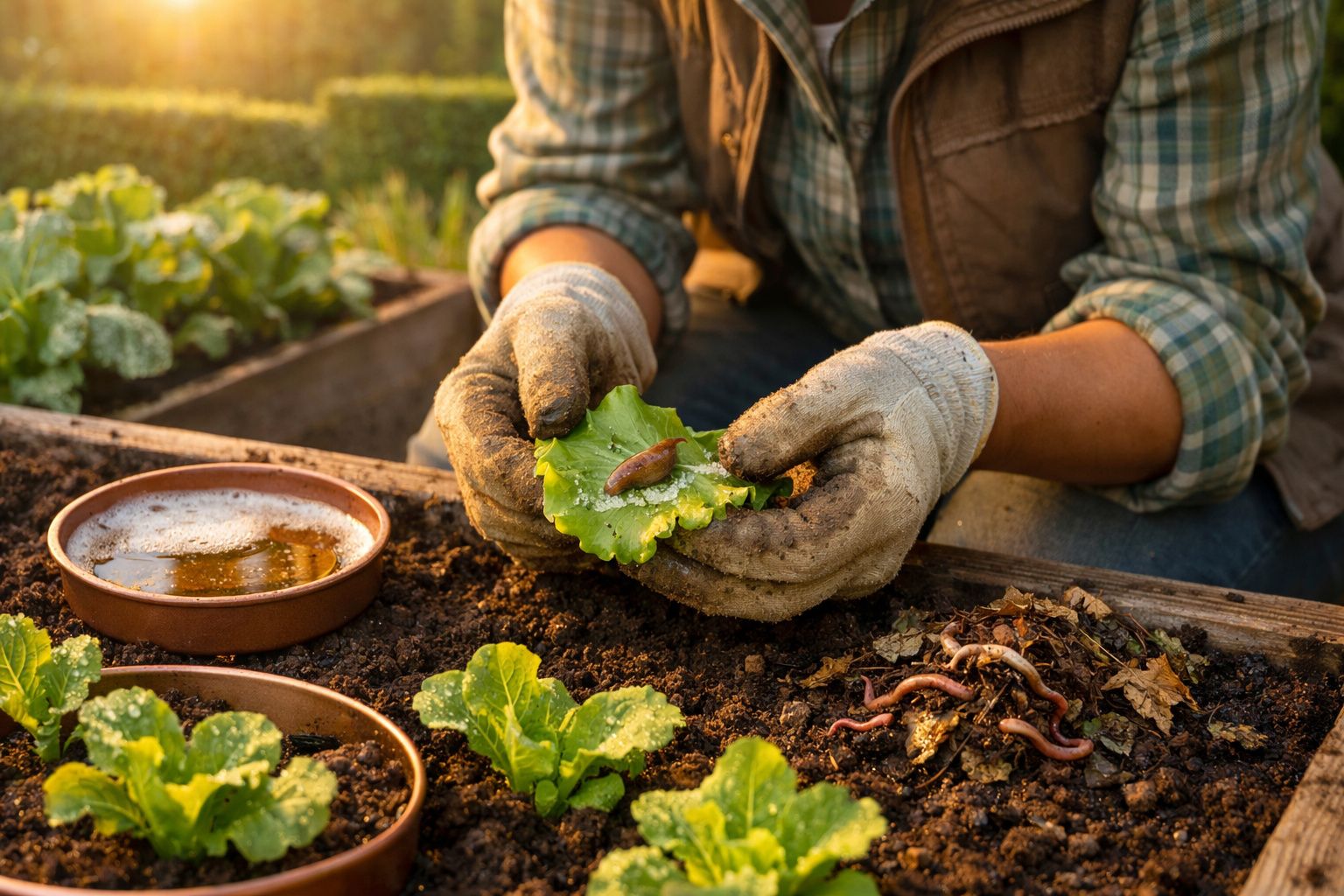 Pessoa de luvas analisa lesma em folha de alface num jardim, perto de minhocas e pratos com líquido.