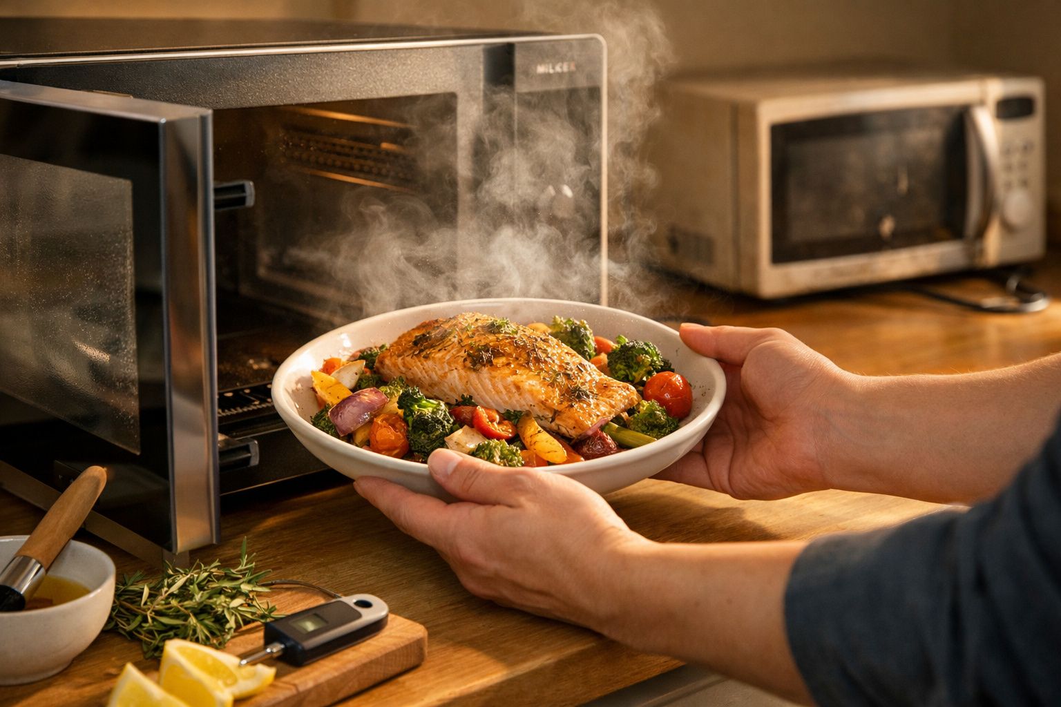 Pessoa a retirar prato de salmão e legumes fumegantes do forno na cozinha.