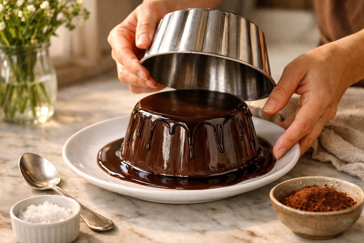 Mãos retiram forma de um pudim de chocolate com calda numa travessa branca, sobre uma mesa de mármore.