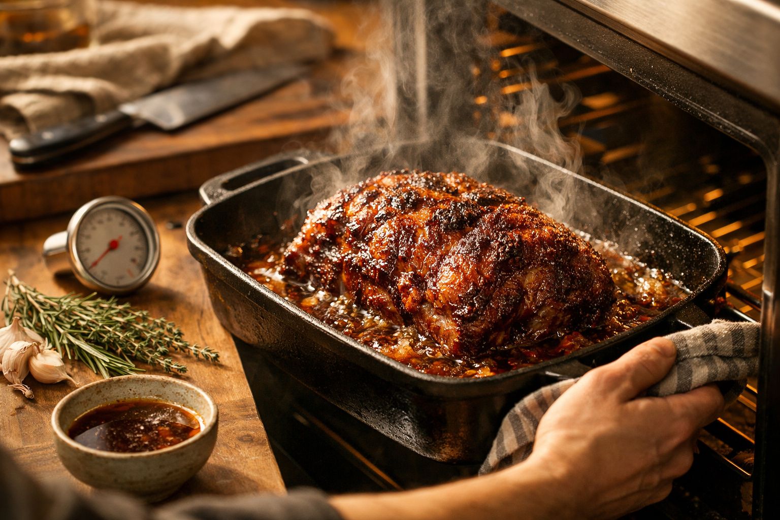 Assado suculento em tabuleiro no forno, com ervas, alho e termómetro de cozinha ao lado.