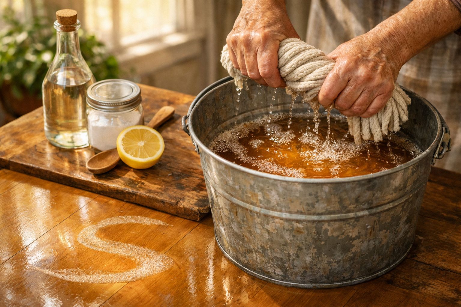 Pessoa torcendo corda molhada em balde metálico com limão, sal e água ao lado, numa mesa de madeira iluminada solar.
