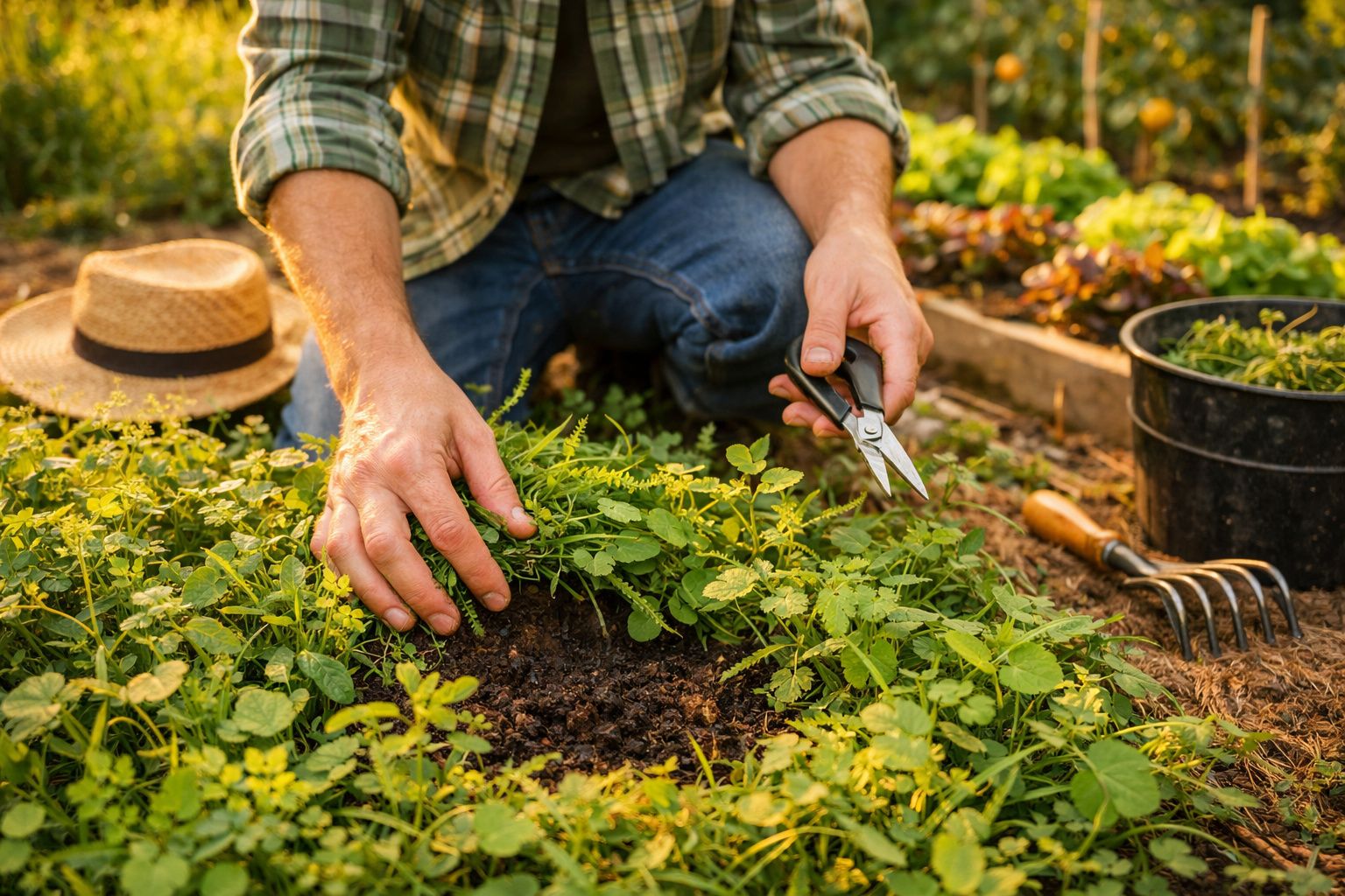 Homem a cortar plantas num jardim, com chapéu de palha ao lado e tesoura na mão.