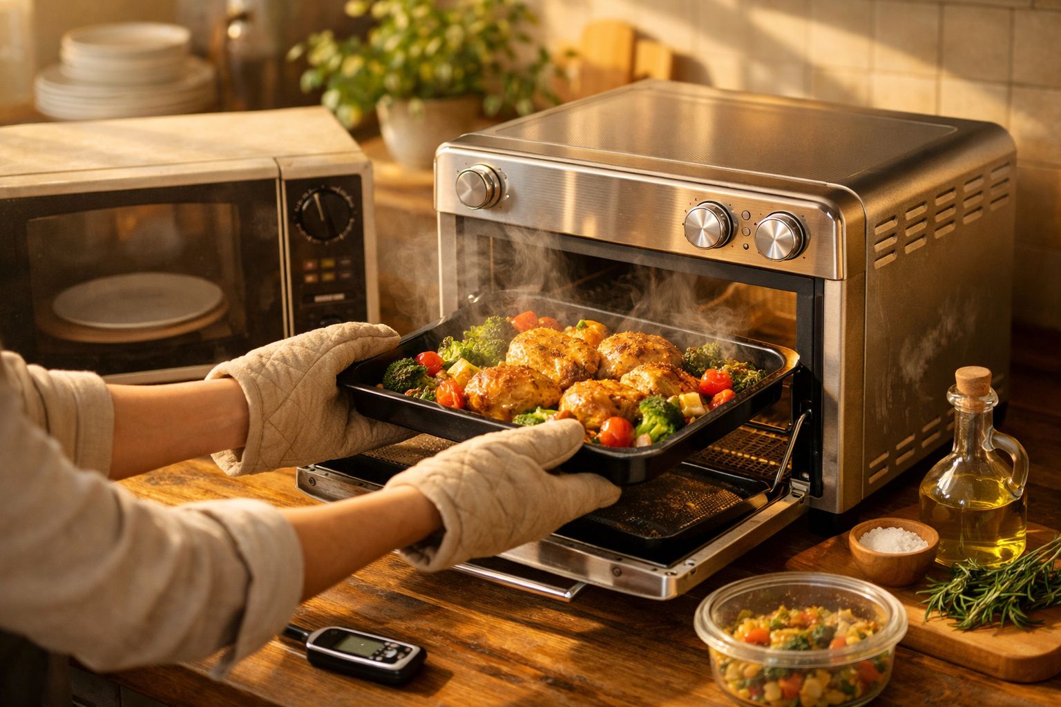 Pessoa a retirar um tabuleiro de frango assado com vegetais de um forno em cima de uma bancada de cozinha.