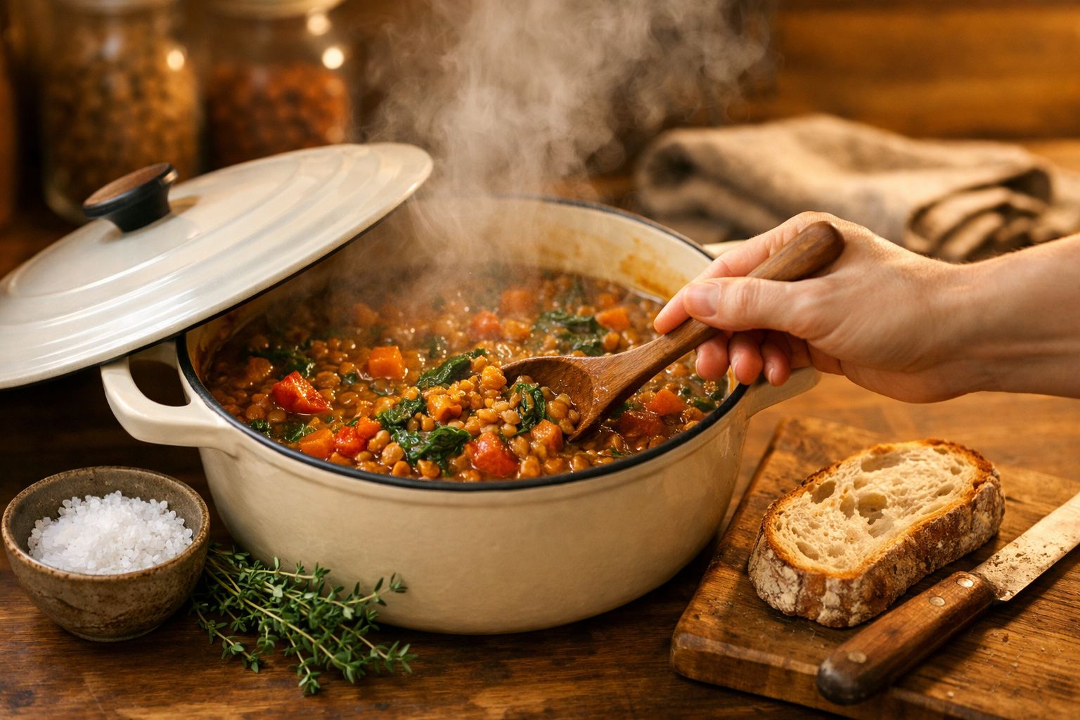 Mão mexendo guisado de legumes numa panela, com pão e sal ao lado.