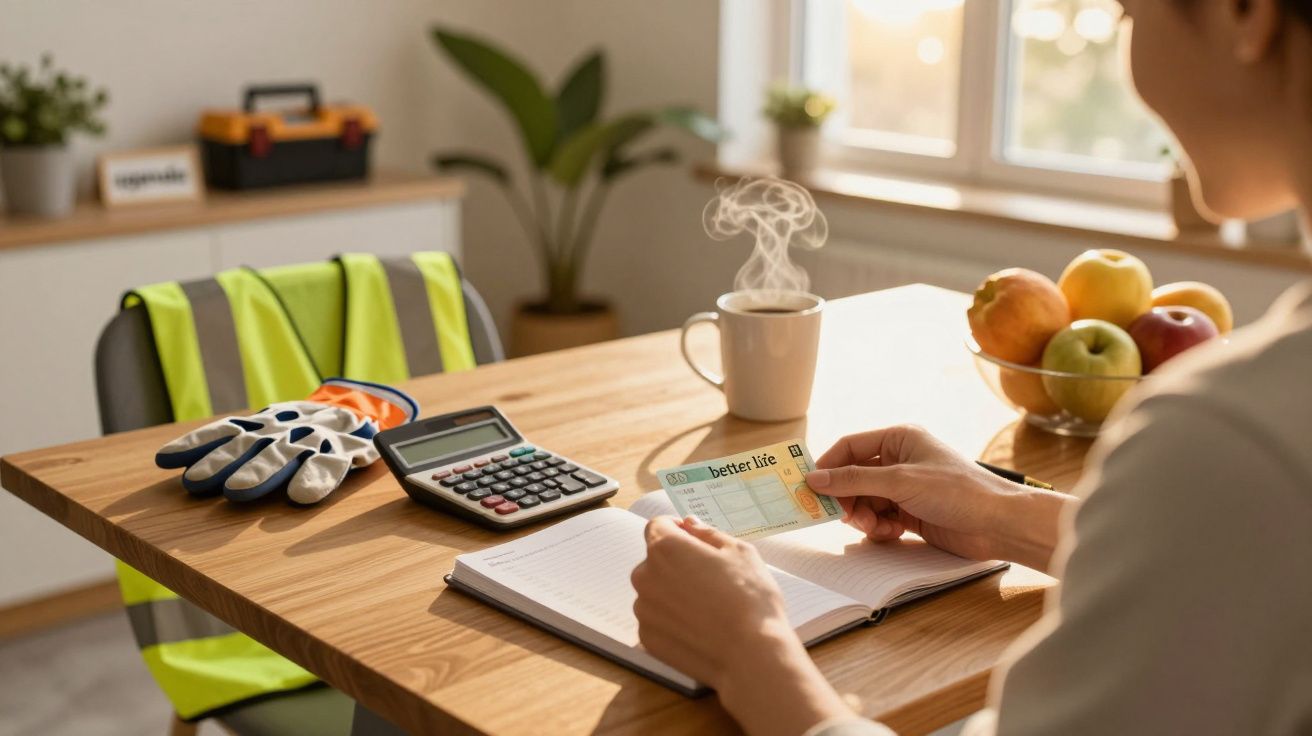 Pessoa segurando cartão em mesa com caderno, caneca com café, colete, luvas, calculadora e tigela de frutas.