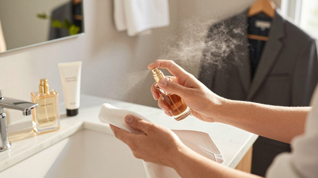 Pessoa a aplicar perfume numa toalha com um dispensador, numa casa de banho com produtos cosméticos ao lado.