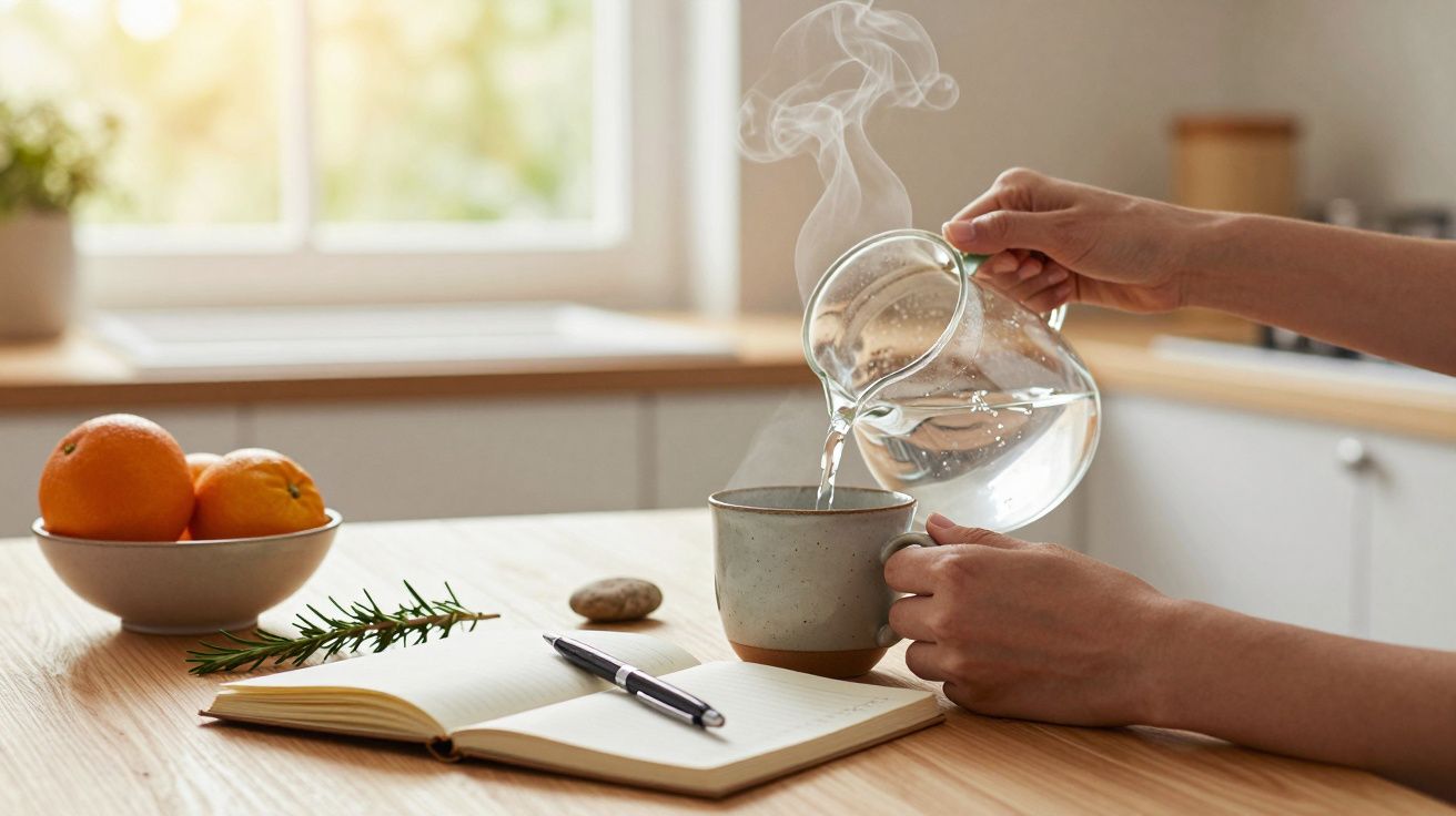Mãos a verter água quente numa chávena numa cozinha, com bloco de notas, caneta e tigela de laranjas sobre a mesa.