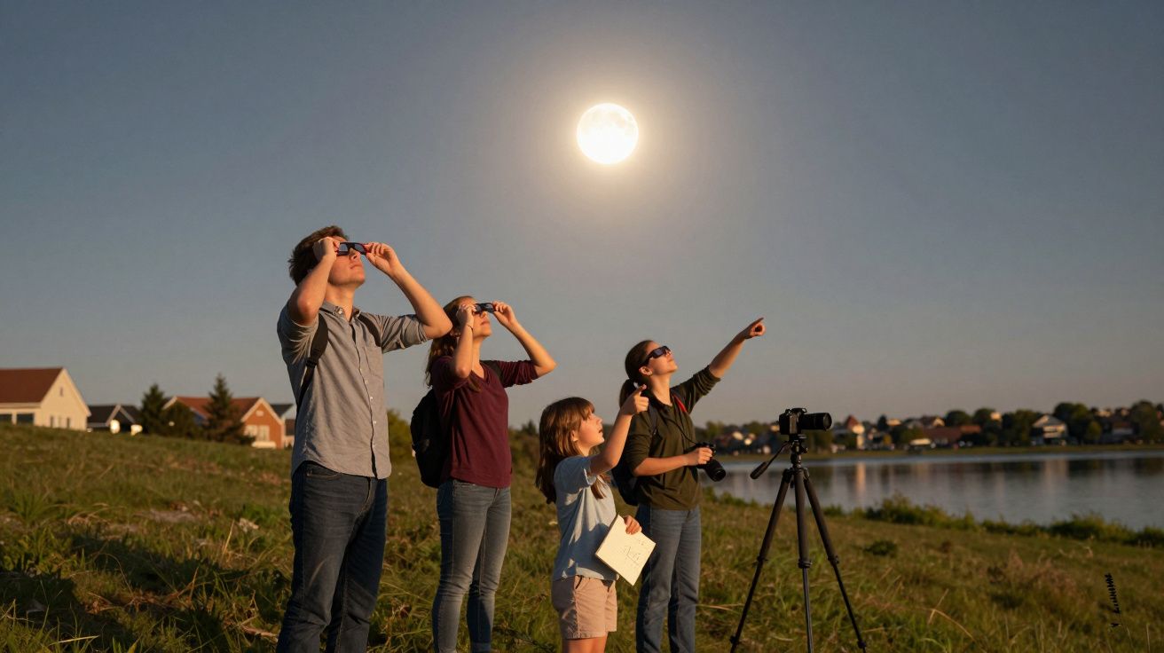 Grupo de pessoas a observar a lua cheia através de binóculos, próximo a um lago ao entardecer.