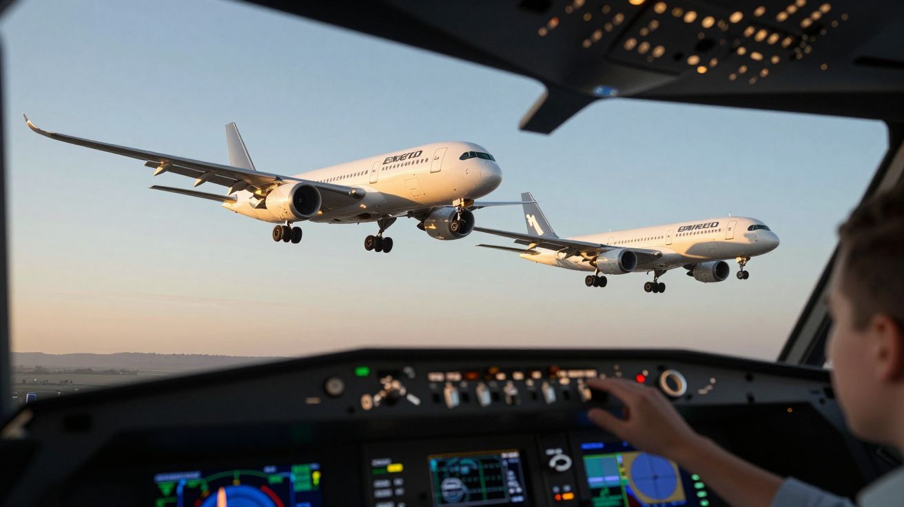 Cabine de piloto com vista para dois aviões a aterrar ao anoitecer.