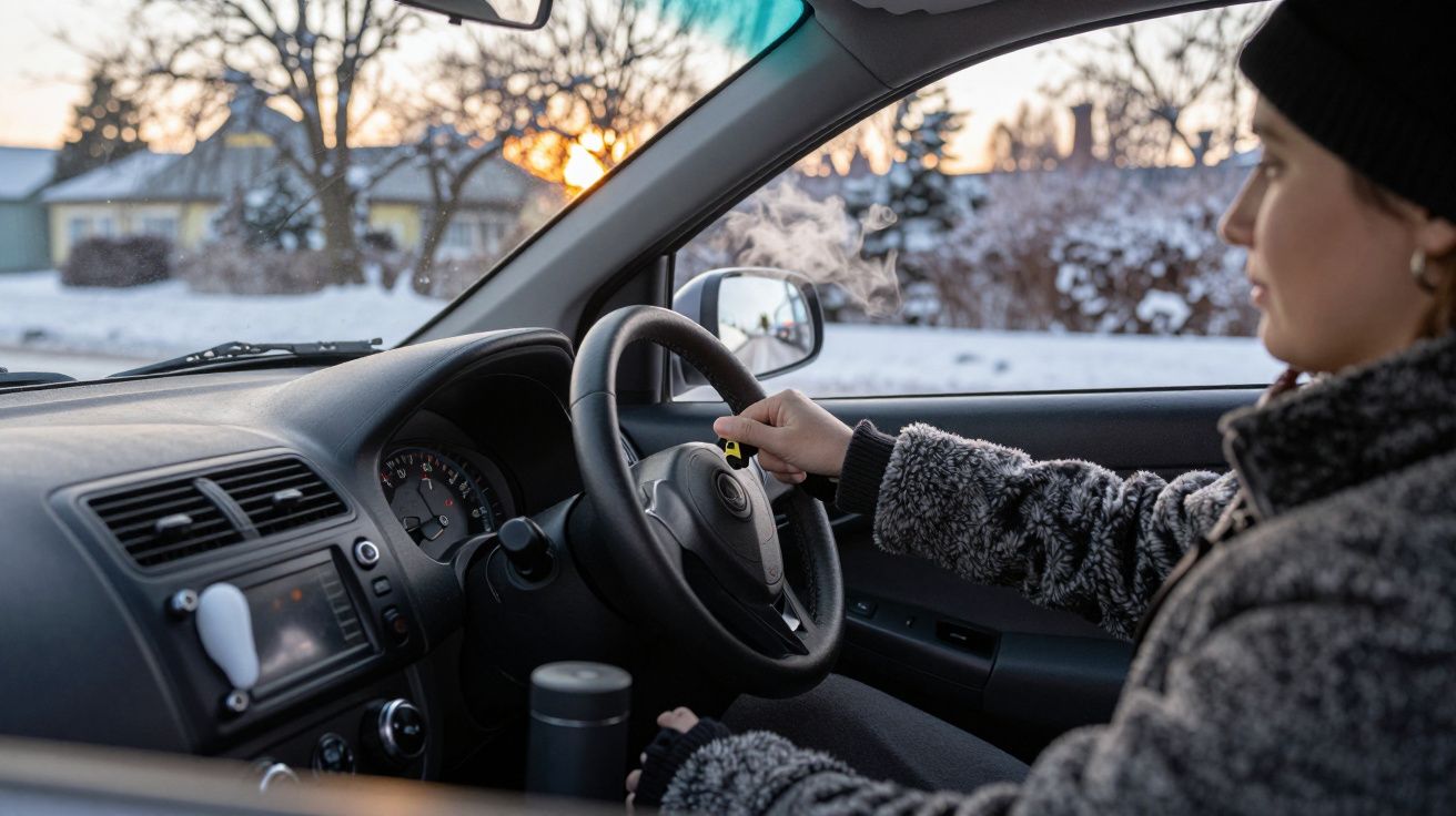 Pessoa a conduzir carro no inverno, com vapor visível no ar. Exterior com neve e árvores ao pôr do sol.