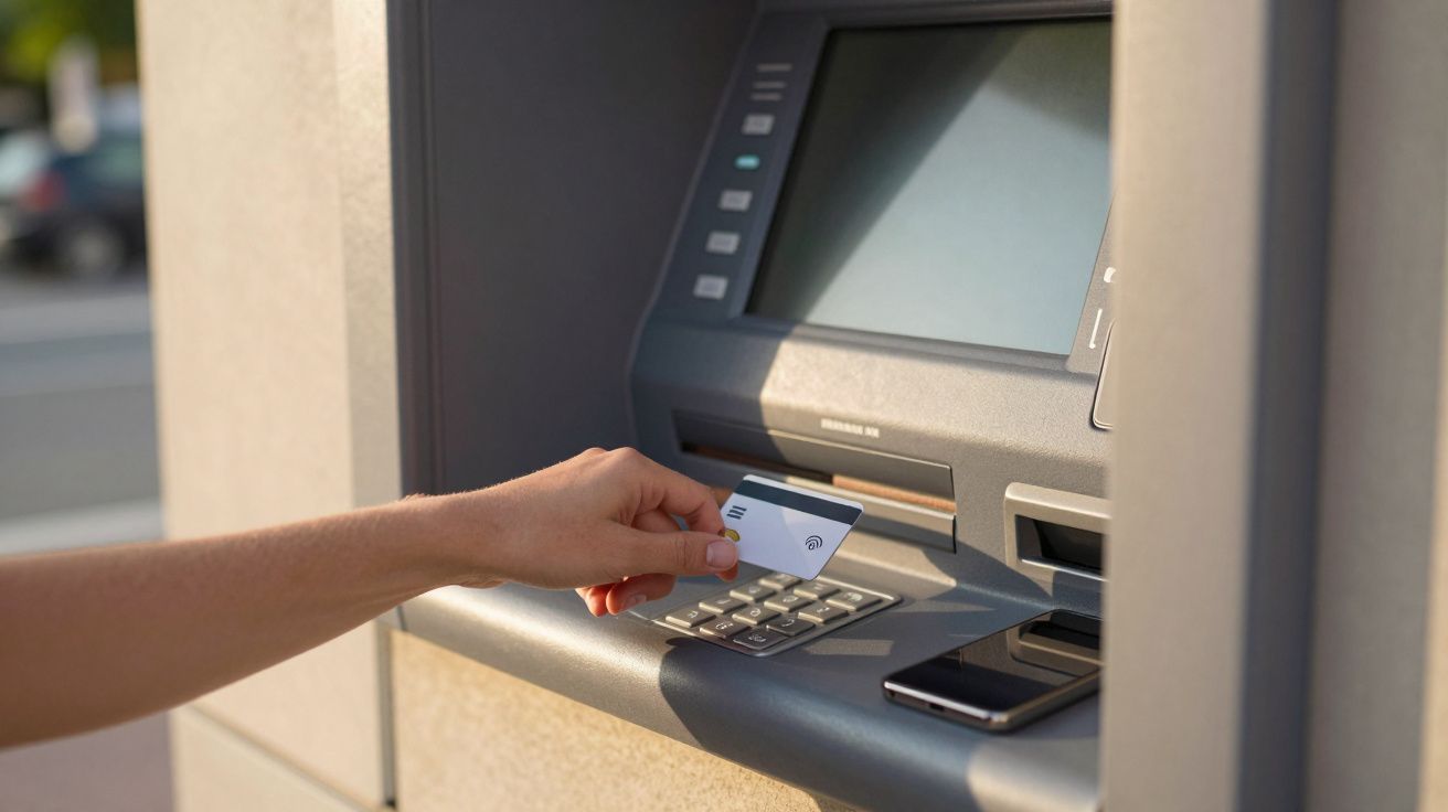 Pessoa a inserir cartão bancário num multibanco ao ar livre, com telemóvel pousado na prateleira.