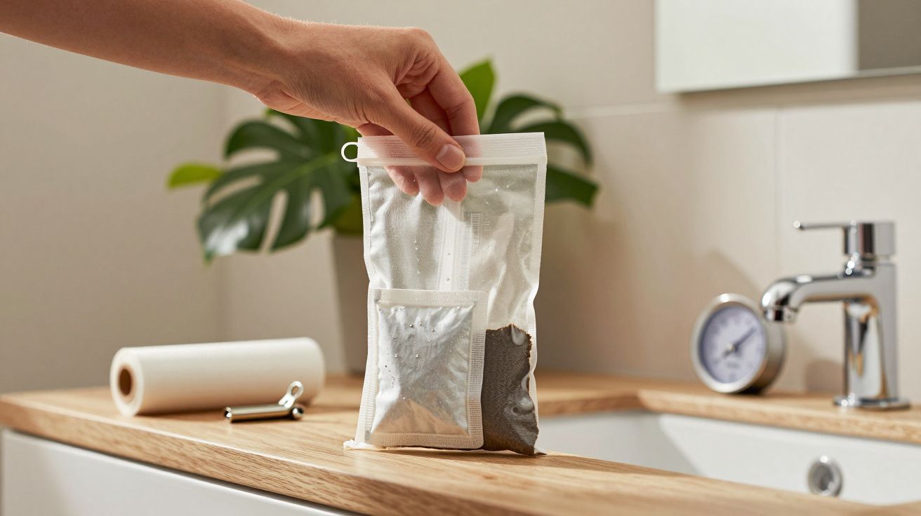 Mão segurando um saco transparente com fecho na casa de banho, junto a uma lavatório com torneira e um relógio.