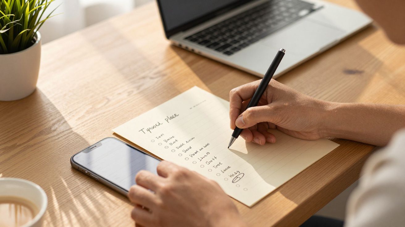 Pessoa escreve lista de tarefas num bloco de notas em mesa de madeira, com telemóvel e portátil ao lado.