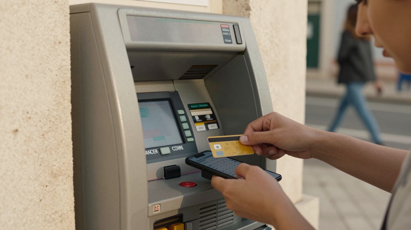 Pessoa a usar um cartão multibanco num terminal de caixa automática ao ar livre.