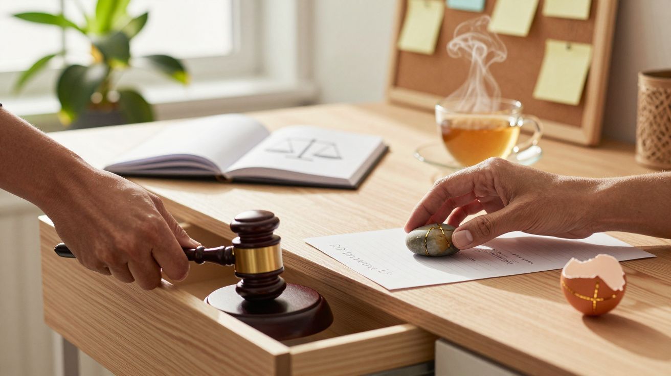 Mãos com malhete e ovo dourado sobre documentos numa secretária, chá e planta ao fundo.