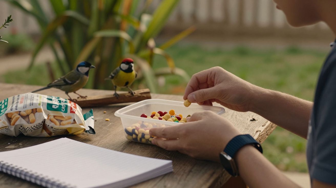 Pessoa a alimentar pássaros coloridos num jardim, com um caderno e pacotes de snacks sobre a mesa.