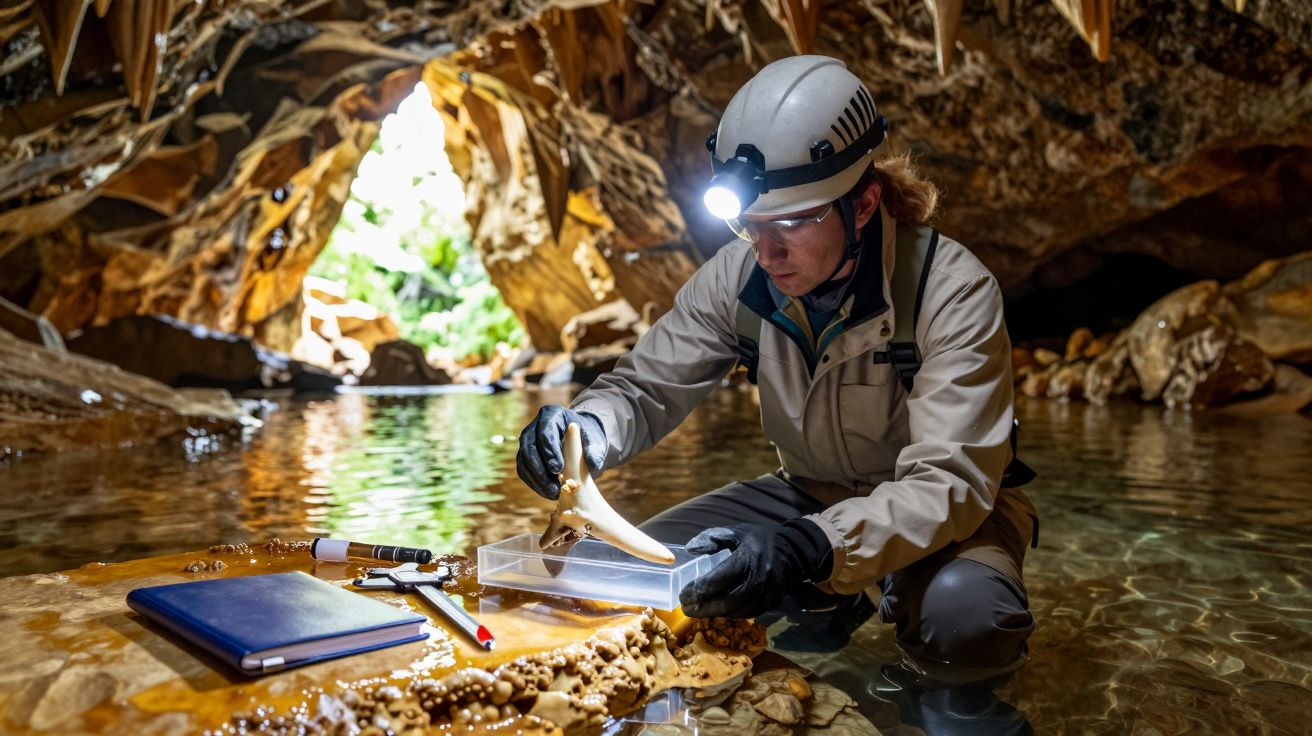 Investigador com capacete analisa fósseis numa caverna iluminada, rodeado por água e estalactites.