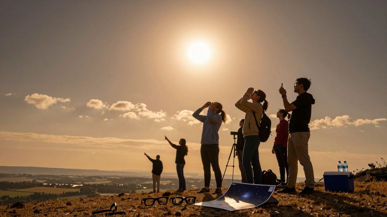 Grupo observa o céu ao pôr-do-sol com telescópios e mapas sobre a relva, óculos de proteção no chão.