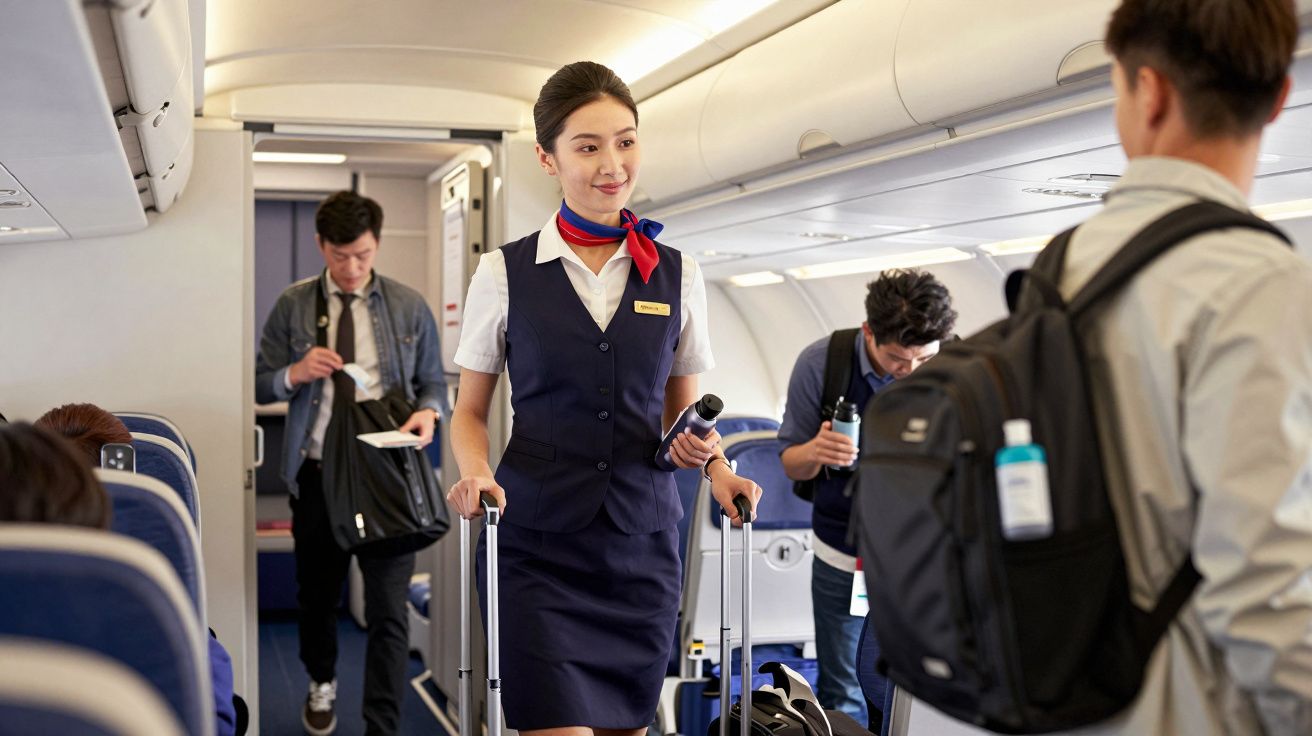 Assistente de bordo sorridente no corredor de um avião, segurando um microfone. Passageiros a arrumar bagagem.