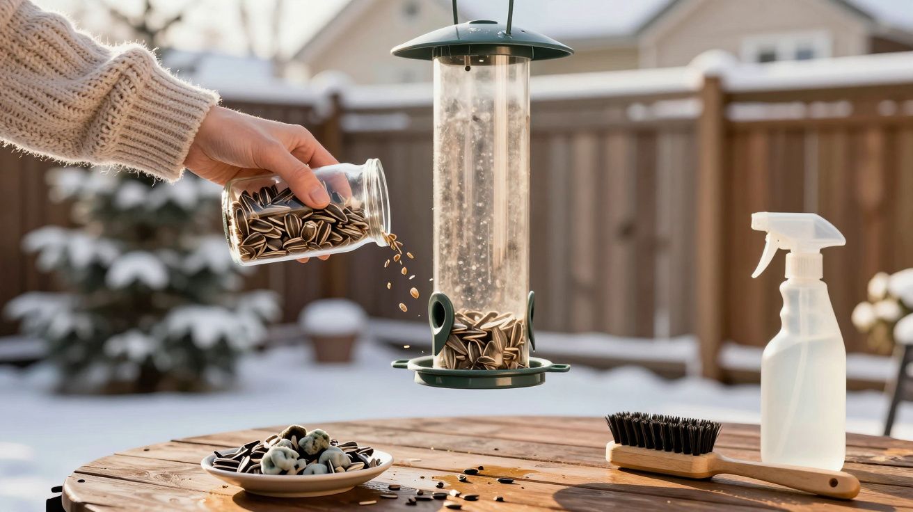Pessoa a encher um alimentador de pássaros com sementes numa mesa de madeira, com pincel e garrafa de spray ao lado.