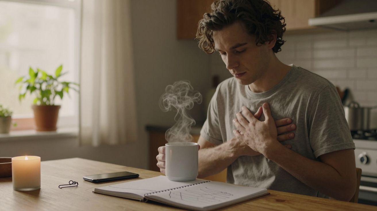 Homem sentado à mesa com chá fumegante, mão no peito, caderno e vela acesa ao lado, em ambiente acolhedor.