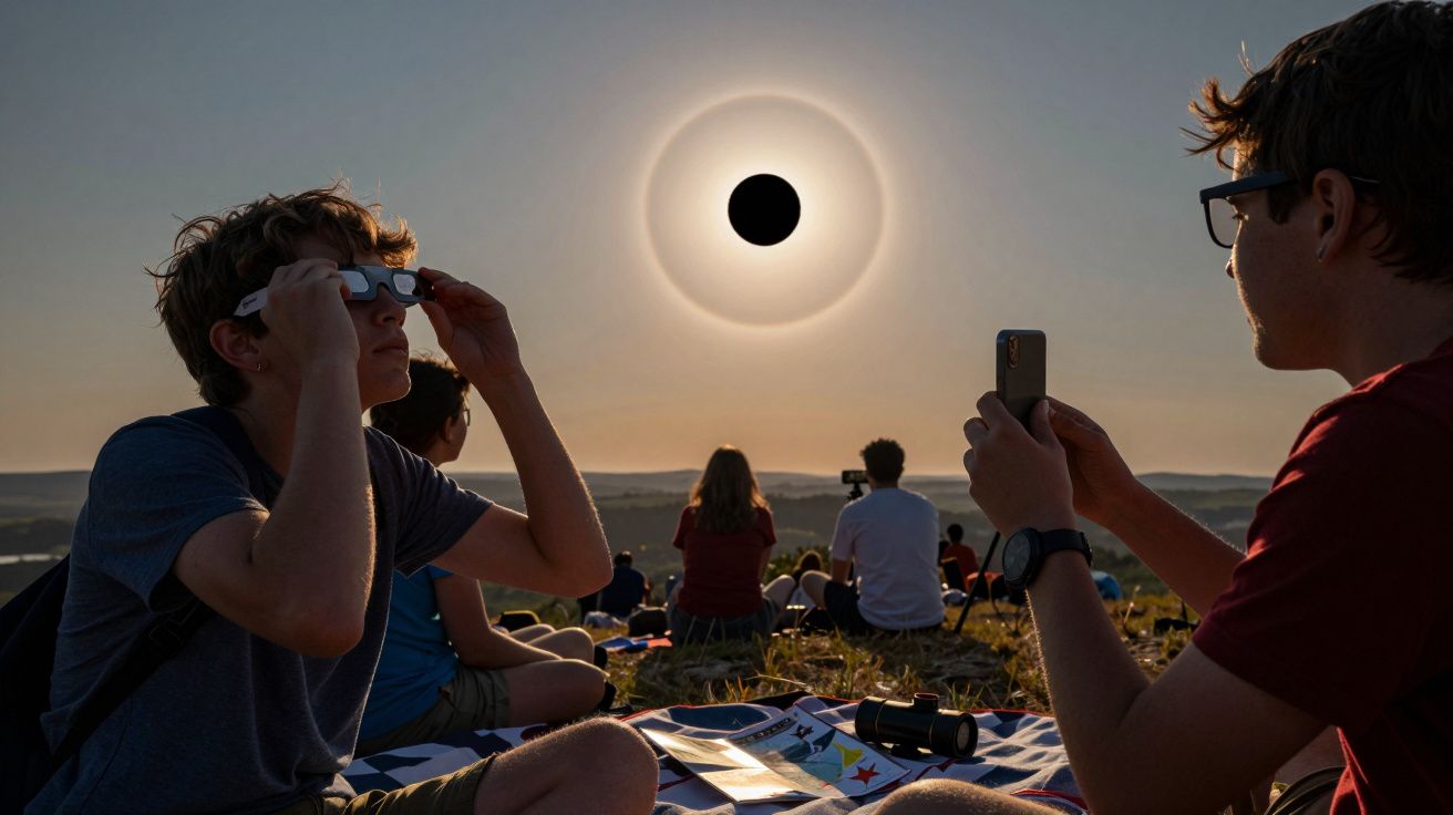 Pessoas observam um eclipse solar total num campo, usando óculos de proteção e tirando fotos do fenómeno astronómico.