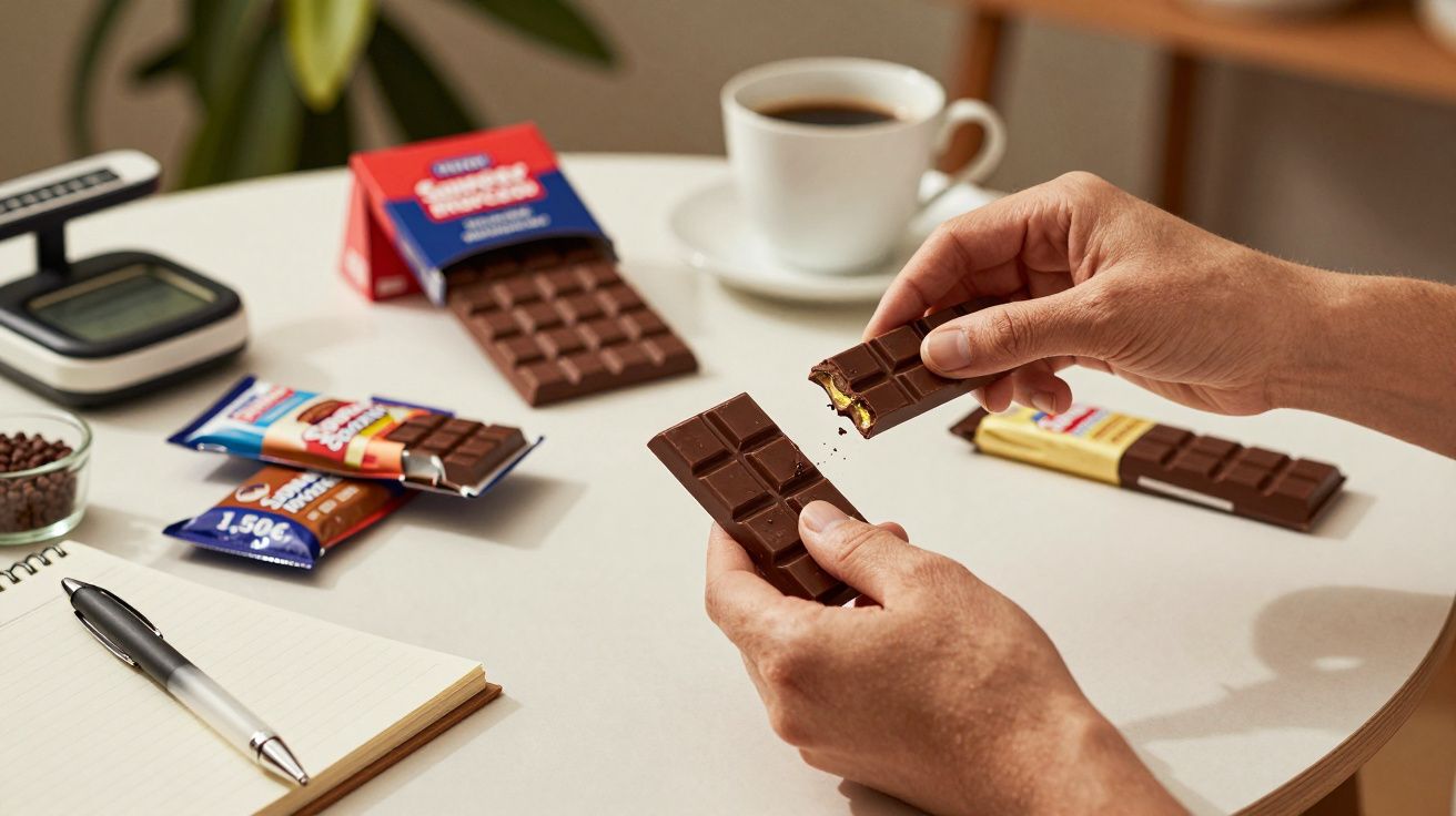 Mãos seguram barra de chocolate partida, mesa com bloco de notas, caneta, chávena de café e tabletas de chocolate.