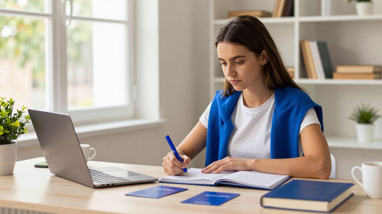 Mulher a estudar numa mesa com um portátil e cadernos, num ambiente claro e moderno.