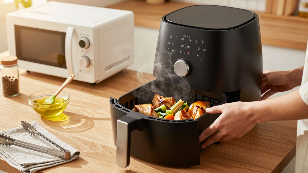 Pessoa retira bandeja de fritadeira de ar com frango e legumes. Cozinha com micro-ondas ao fundo.