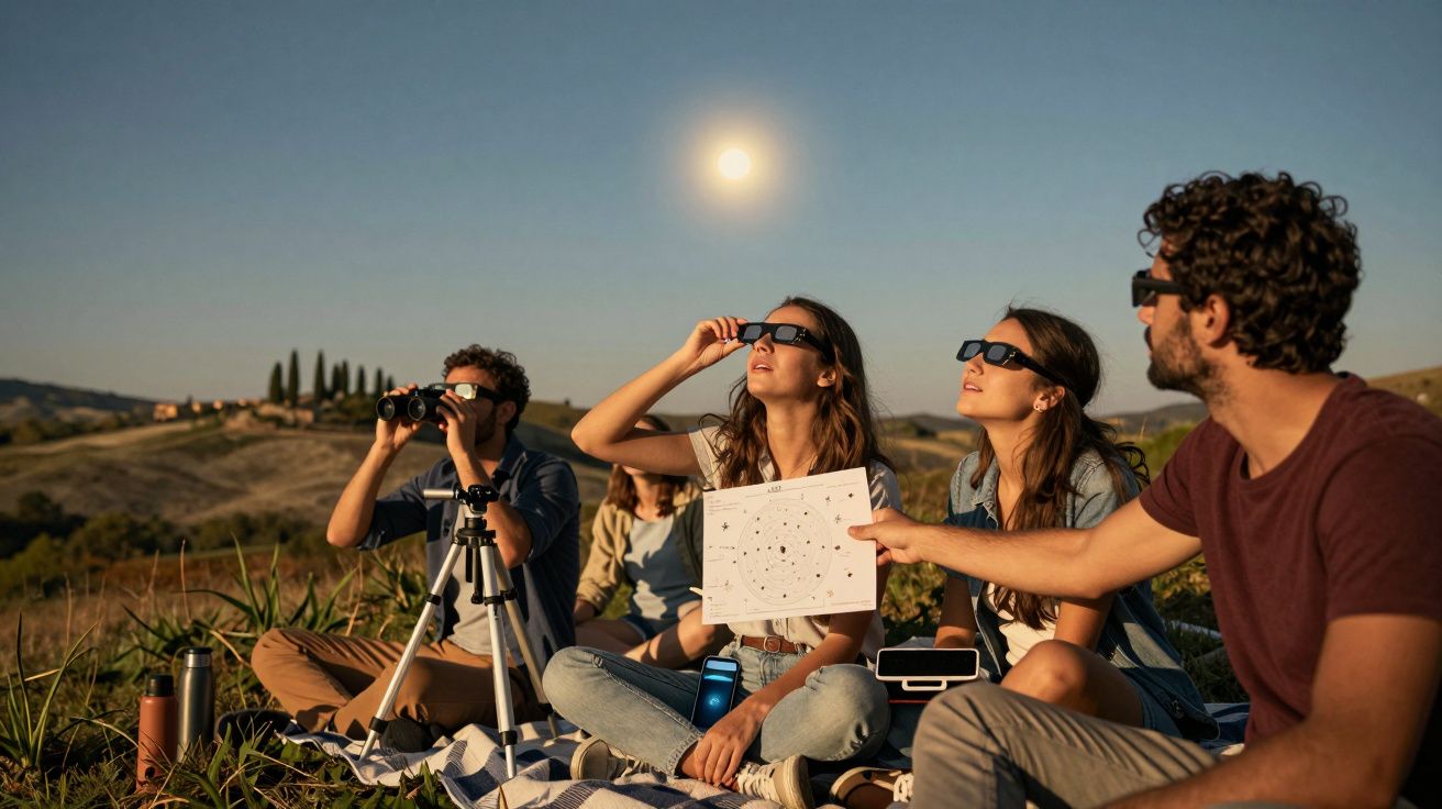 Grupo de jovens a observar um eclipse com óculos especiais num campo ensolarado, segurando um mapa estelar.