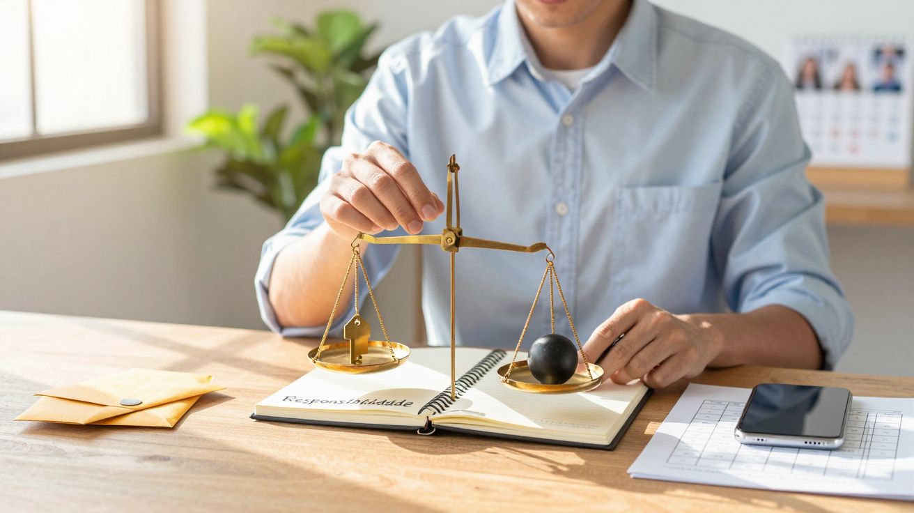Homem ajustando uma balança dourada em mesa com bloco de notas, smartphone e envelope.