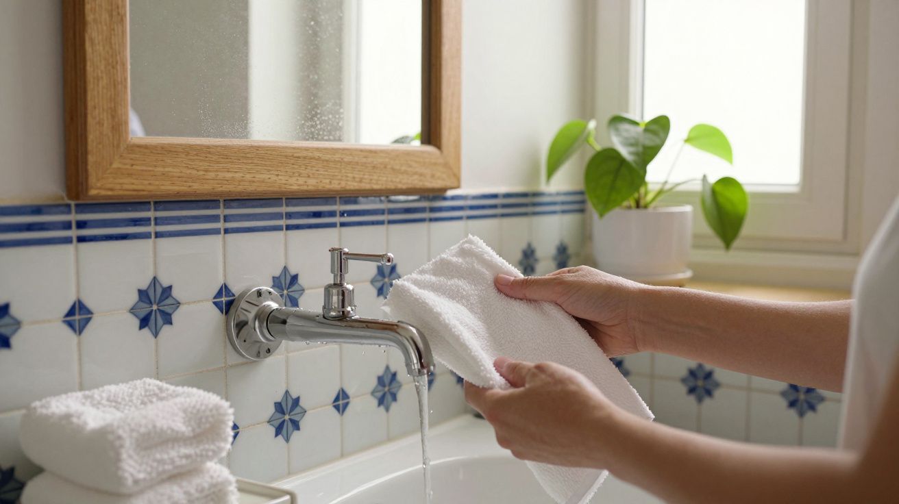 Mãos a segurar uma toalha branca junto a uma torneira, com azulejos azuis ao fundo e vaso com planta.
