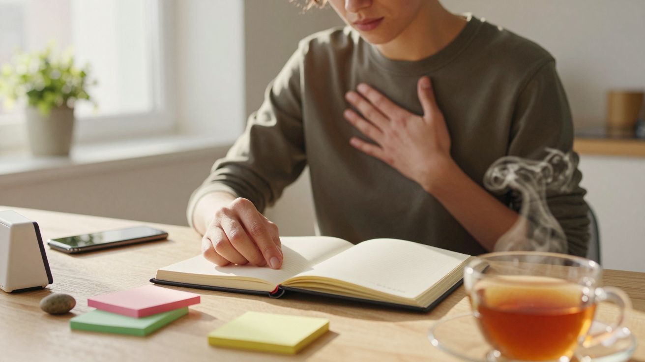 Pessoa lendo um livro, com chá ao lado, numa mesa de madeira.