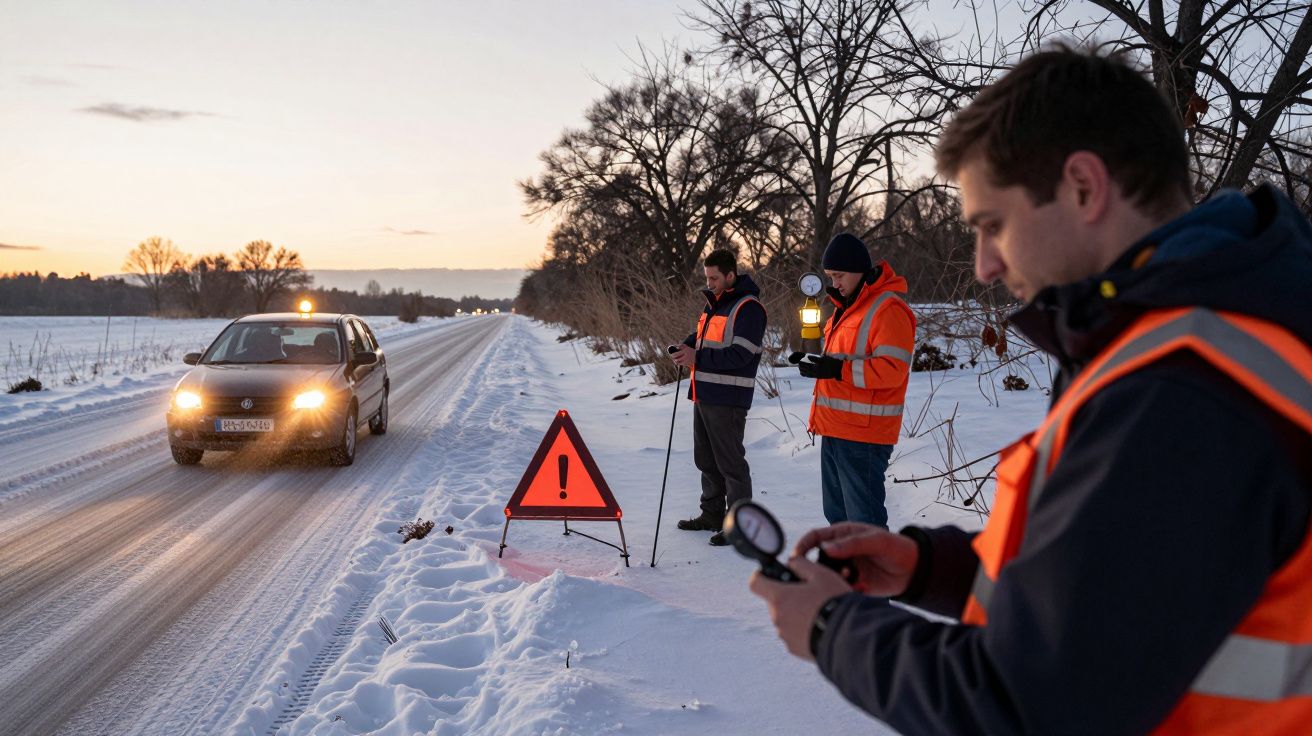 Carro numa estrada nevada com três homens em coletes refletivos, um segurando um medidor, sinal de trânsito ao lado.