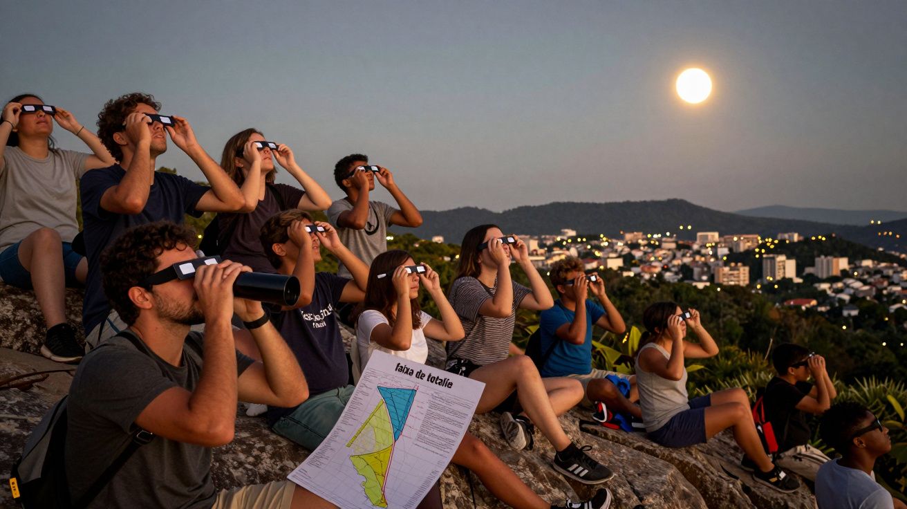 Grupo de pessoas observa a lua com binóculos num miradouro ao entardecer, com cidade ao fundo.