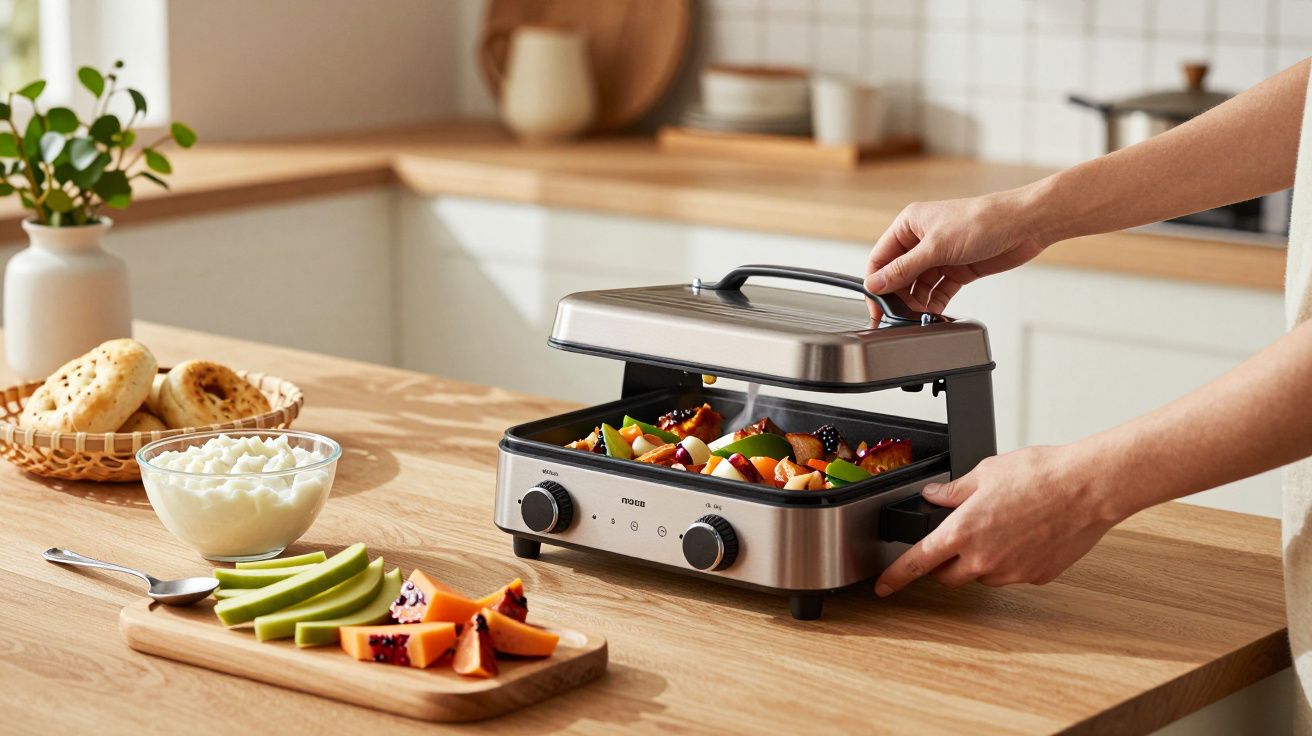 Pessoa a cozinhar legumes numa grelha elétrica em cima de um balcão de cozinha.