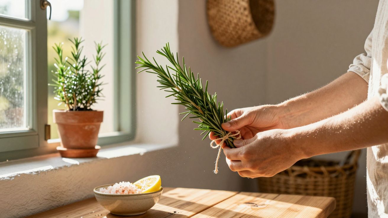 Pessoa segura raminho de alecrim junto a tigela com sal e limão numa cozinha iluminada pelo sol, planta em vaso ao lado.