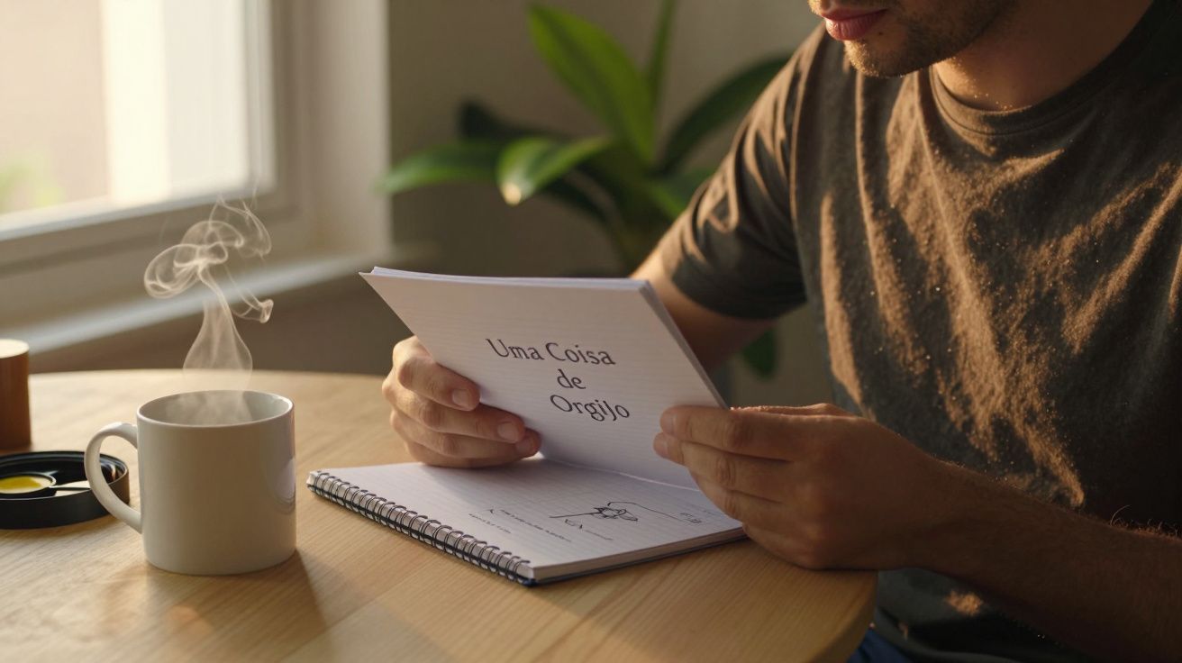 Homem lendo folheto "Uma Coisa de Orgulho" junto a uma chávena de café fumegante numa mesa redonda de madeira.