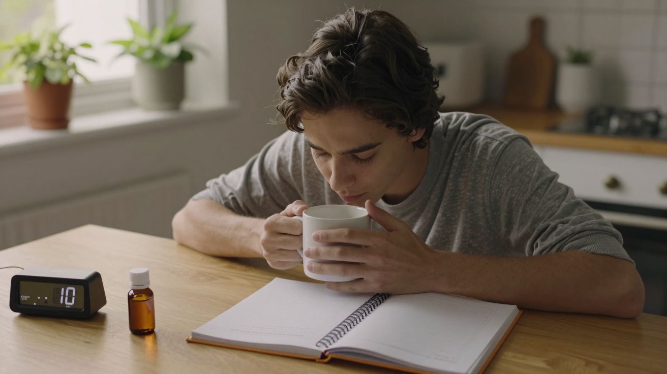 Jovem a beber chá enquanto lê um livro, com relógio e frasco de medicamento sobre a mesa.