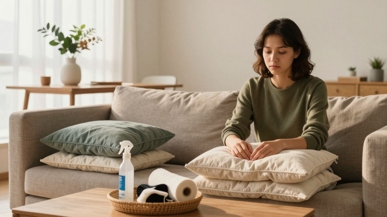 Mulher sentada no sofá, organizada almofadas e produtos de limpeza numa sala iluminada por luz natural.