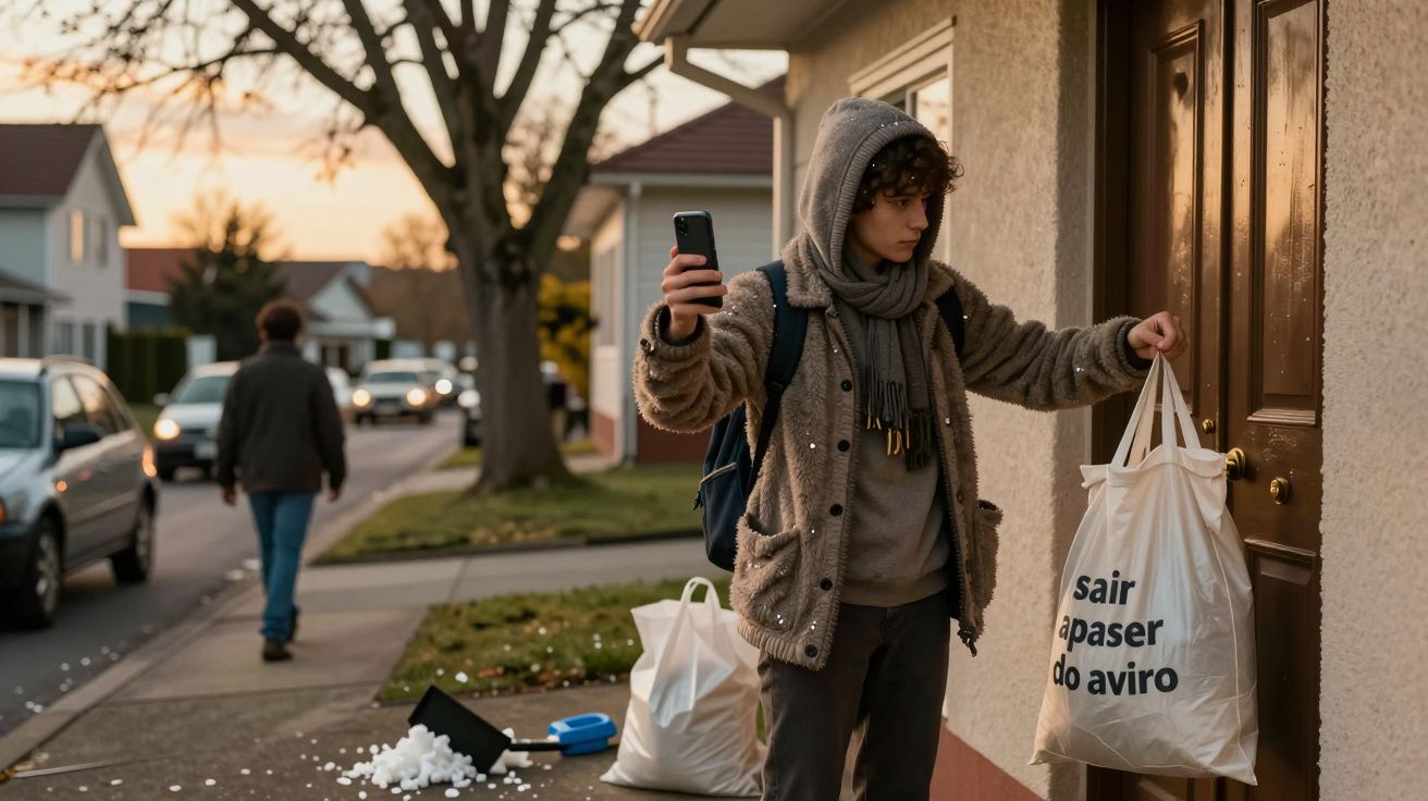 Jovem de casaco e capuz segura sacos na porta de uma casa, com mochila e telemóvel, rua com carros ao fundo.