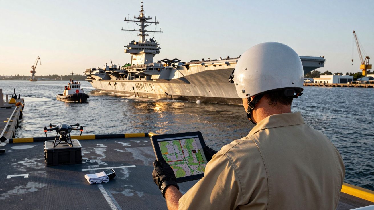 Homem com tablet observa porta-aviões no porto, acompanhado de drones e rebocador ao pôr do sol.