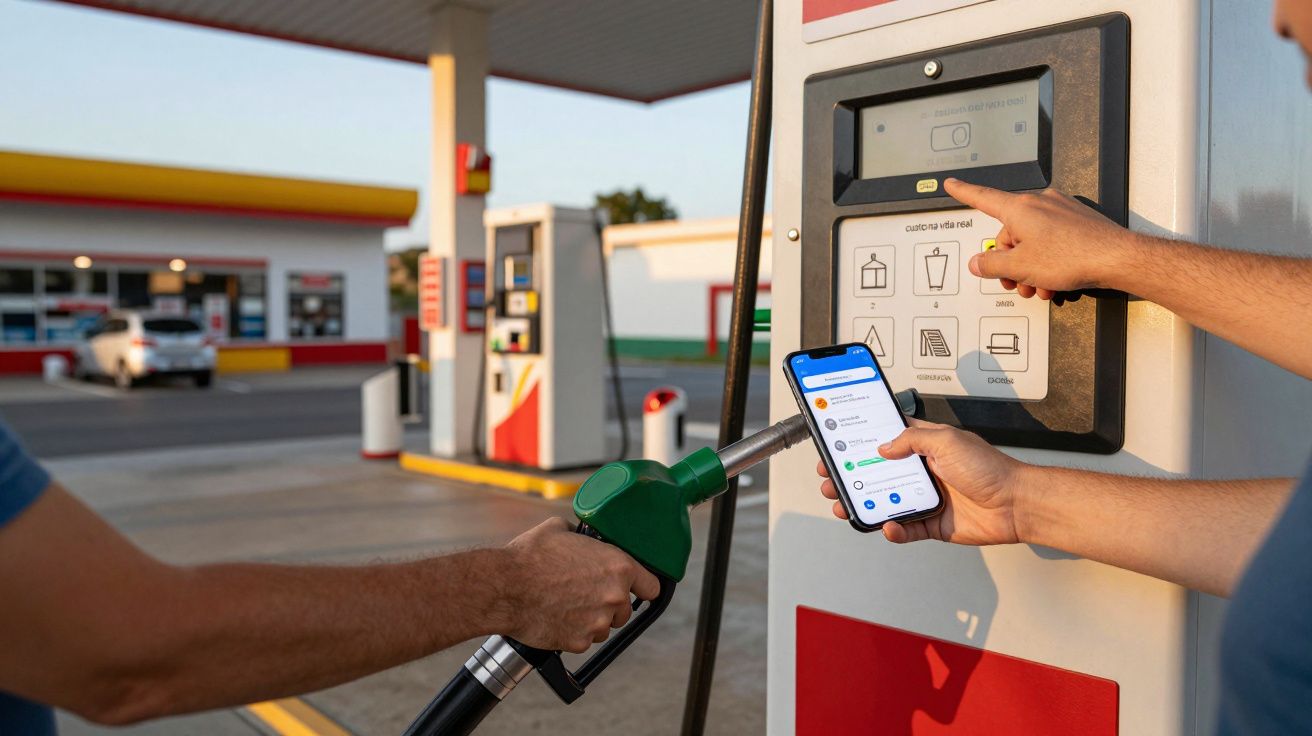 Pessoa abastece carro num posto de gasolina, usando aplicativo no telemóvel para pagar na bomba de combustível.